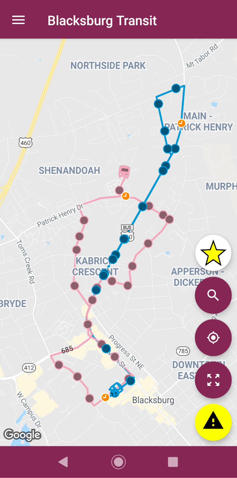 Blacksburg Transit Mobile App Home bus route map screen