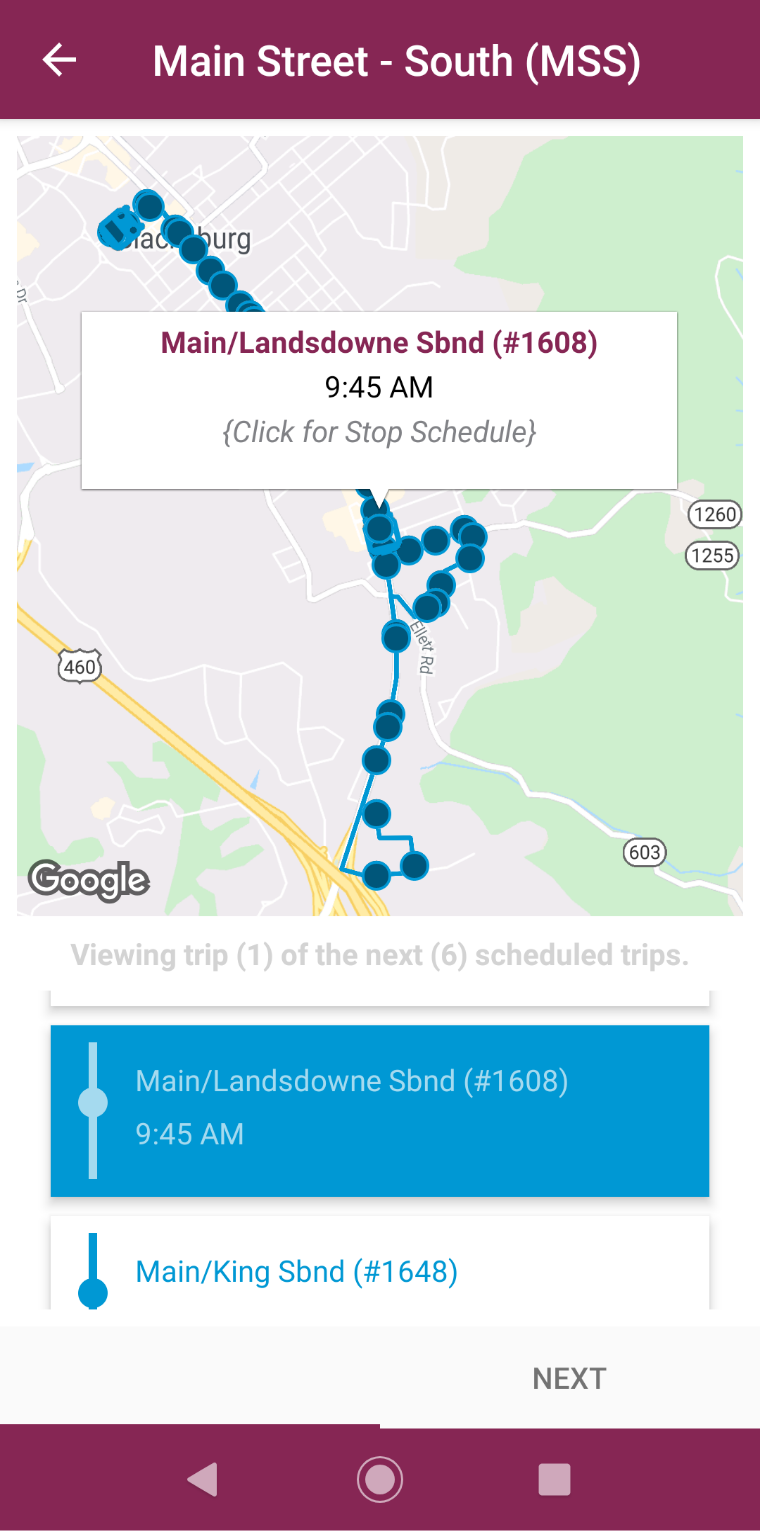 Blacksburg Transit Mobile App route stop screen